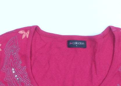 BM Collection Women's Pink Floral Beaded Short Sleeve Cotton T-Shirt L