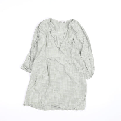 F&F Women’s Green Check Cotton Tunic Blouse Size S V-Neck 3/4 Sleeve