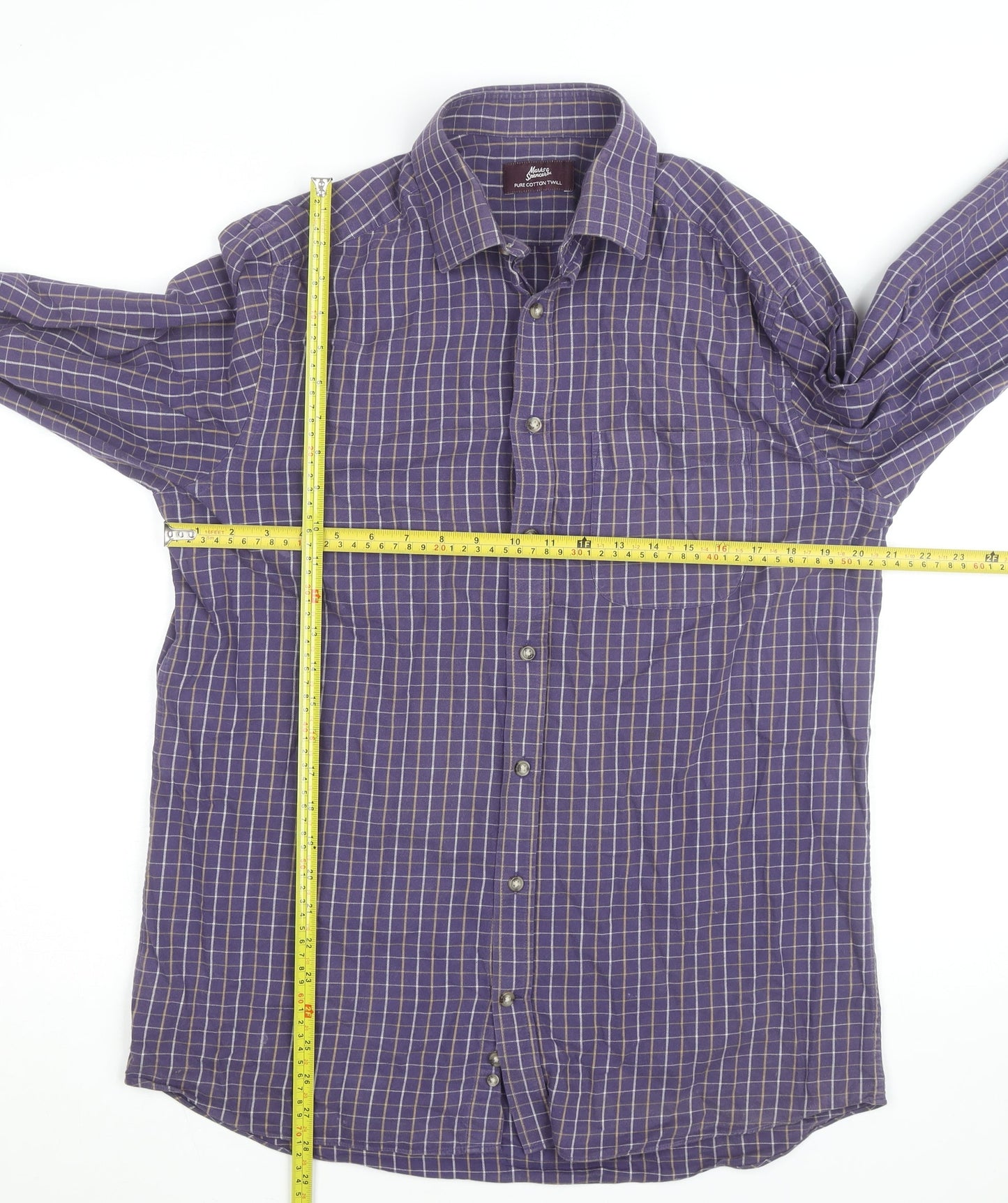 Marks and Spencer Men’s Purple Check Cotton Twill Long Sleeve Shirt 15.5