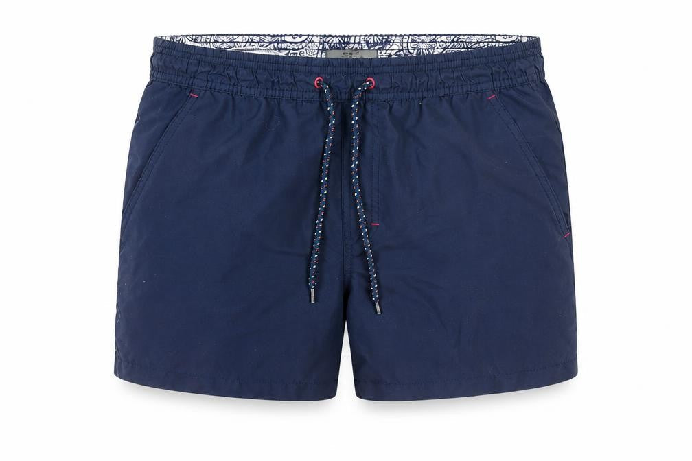 Front view of Burton Menswear London Navy Blue Swim Shorts, size S, Men's Trunks