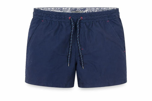 Front view of Burton Menswear London Navy Blue Swim Shorts, size S, Men's Trunks