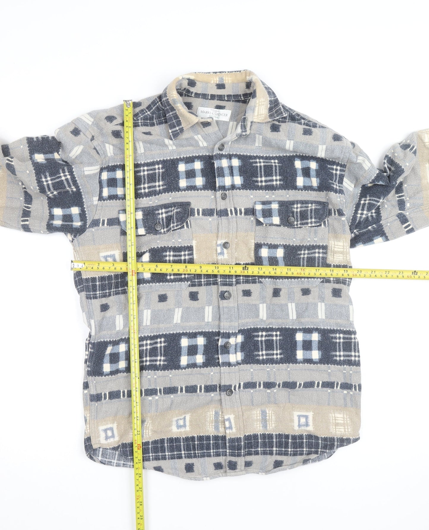 Marks and Spencer Men's Beige Check Flannel Cotton Long Sleeve Shirt S