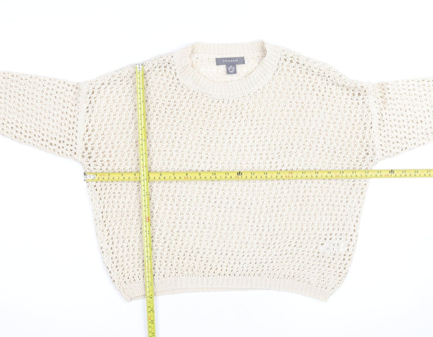 Primark Women Beige XS Open-Knit Cotton Crew Neck Jumper