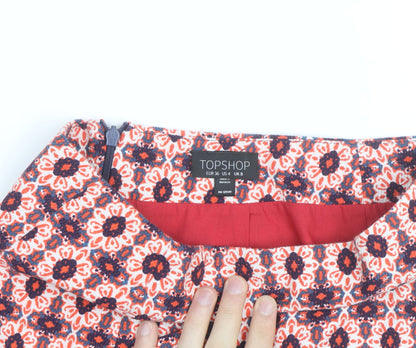 Topshop Women’s Red Floral Tweed Mini Skirt Size 8 Retro Style