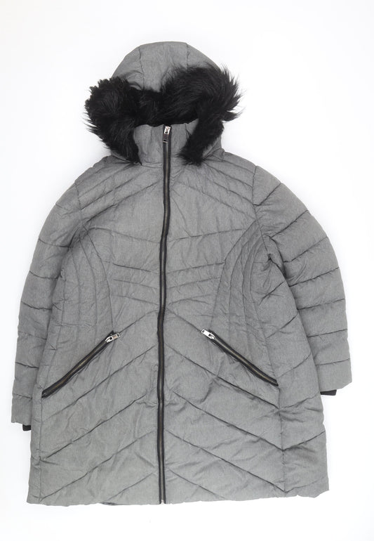 George Men’s Grey XL Puffer Coat with Hood and Faux Fur Trim