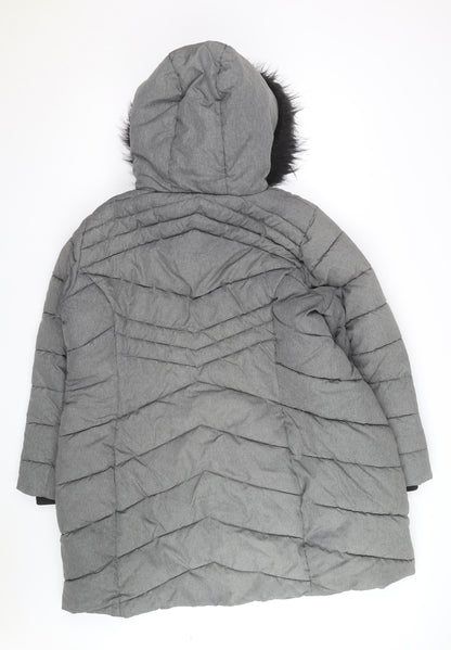 George Men’s Grey XL Puffer Coat with Hood and Faux Fur Trim