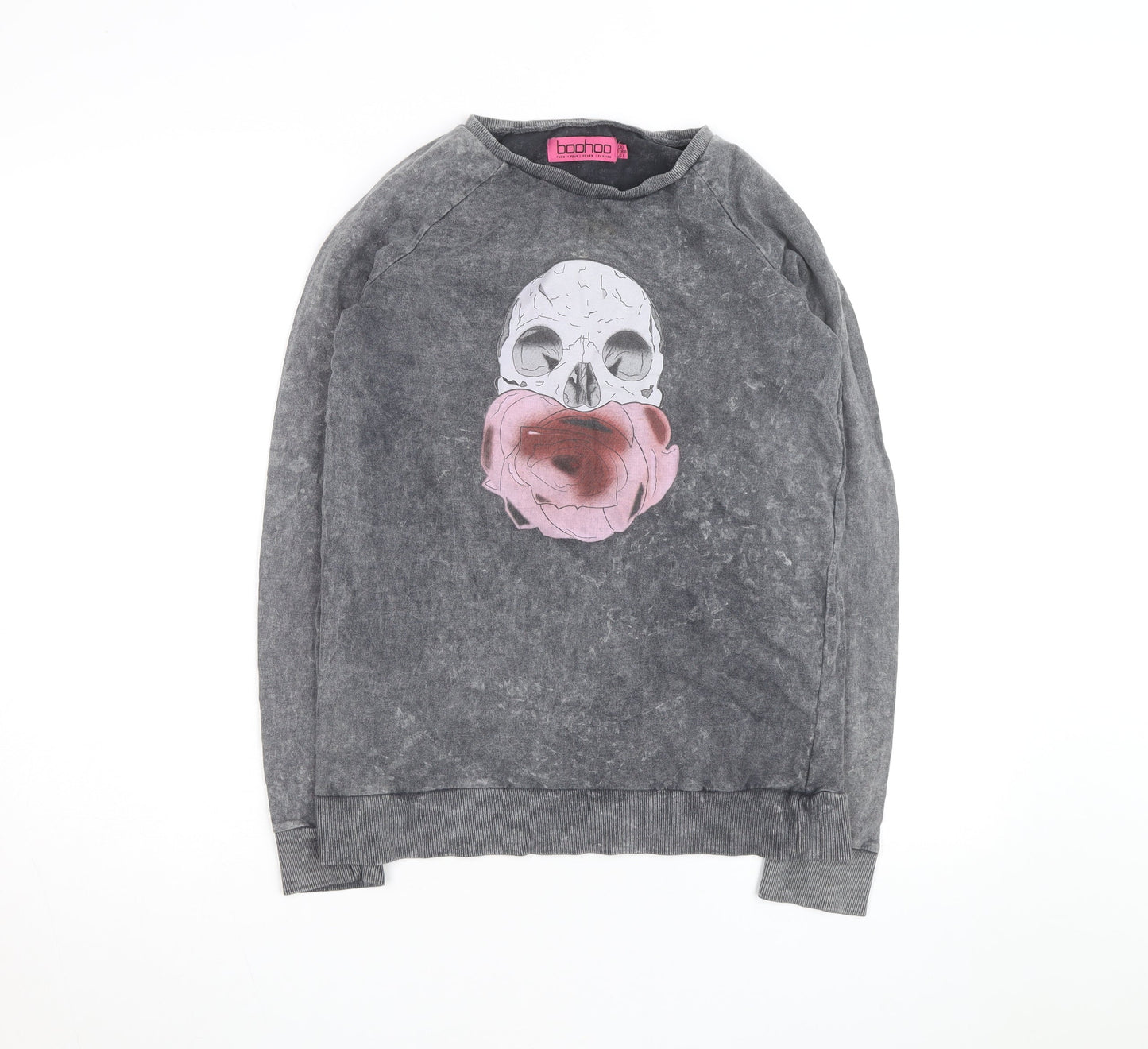 Boohoo Womens Grey Skull Floral Graphic Pullover Sweatshirt UK 10