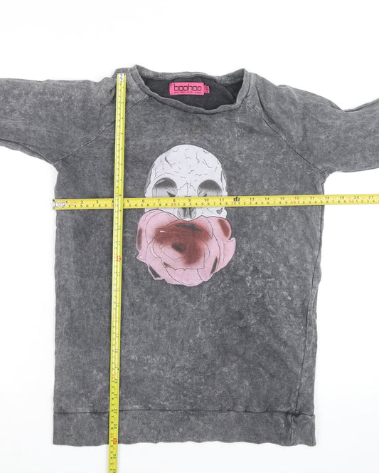 Boohoo Womens Grey Skull Floral Graphic Pullover Sweatshirt UK 10