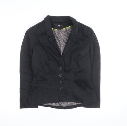 H&M Women Black Cotton Blend Blazer Jacket Size 2 Regular