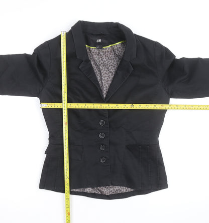 H&M Women Black Cotton Blend Blazer Jacket Size 2 Regular
