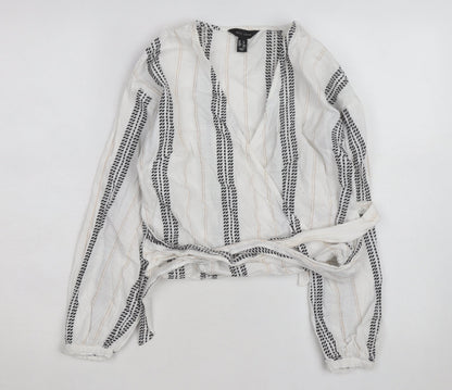 New Look Women's White Striped Wrap Blouse Size 6 Long Sleeve