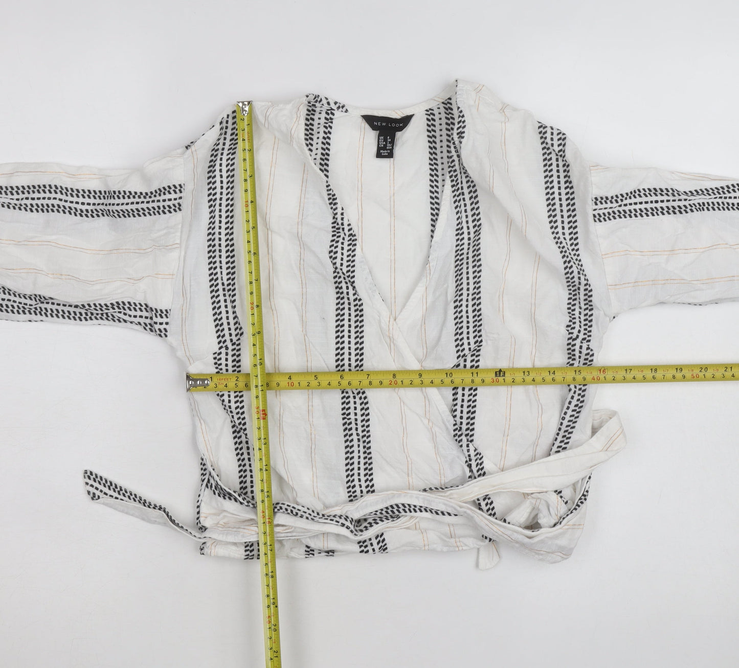 New Look Women's White Striped Wrap Blouse Size 6 Long Sleeve