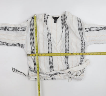 New Look Women's White Striped Wrap Blouse Size 6 Long Sleeve