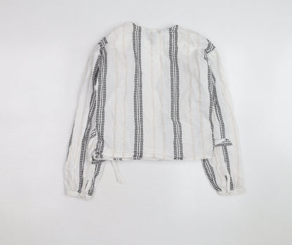 New Look Women's White Striped Wrap Blouse Size 6 Long Sleeve