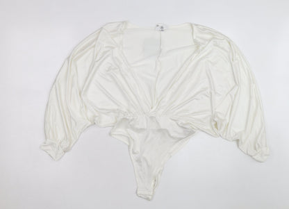 Missguided Women Ivory Satin Bodysuit UK 8 Long Sleeve Deep V Wrap Style