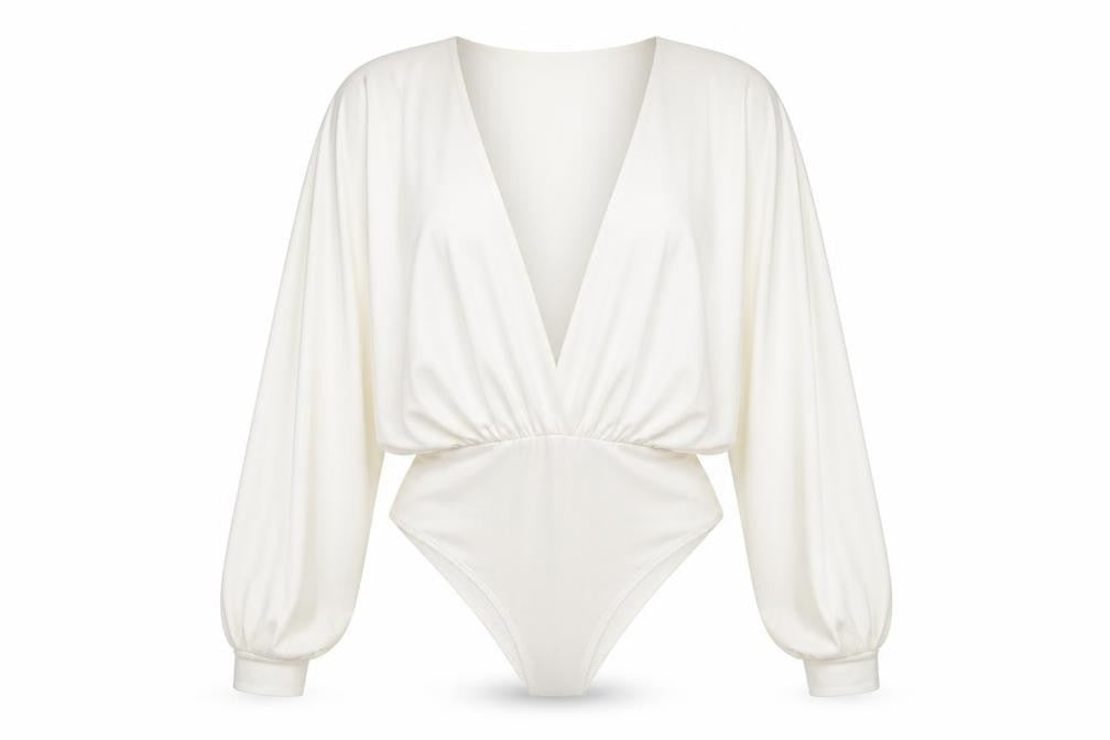 Missguided Women Ivory Satin Bodysuit UK 8 Long Sleeve Deep V Wrap Style