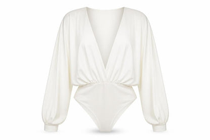 Missguided Women Ivory Satin Bodysuit UK 8 Long Sleeve Deep V Wrap Style
