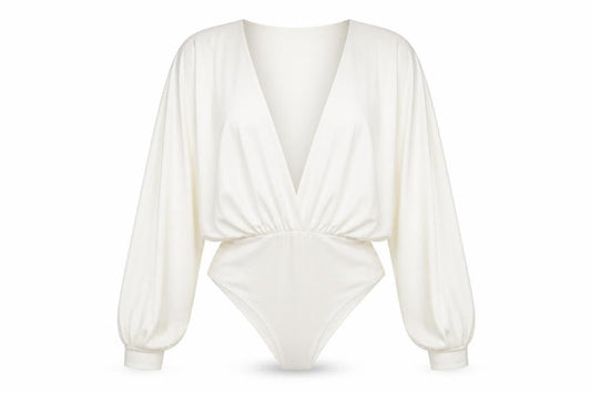 Missguided Women Ivory Satin Bodysuit UK 8 Long Sleeve Deep V Wrap Style