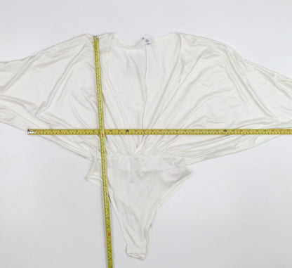 Missguided Women Ivory Satin Bodysuit UK 8 Long Sleeve Deep V Wrap Style