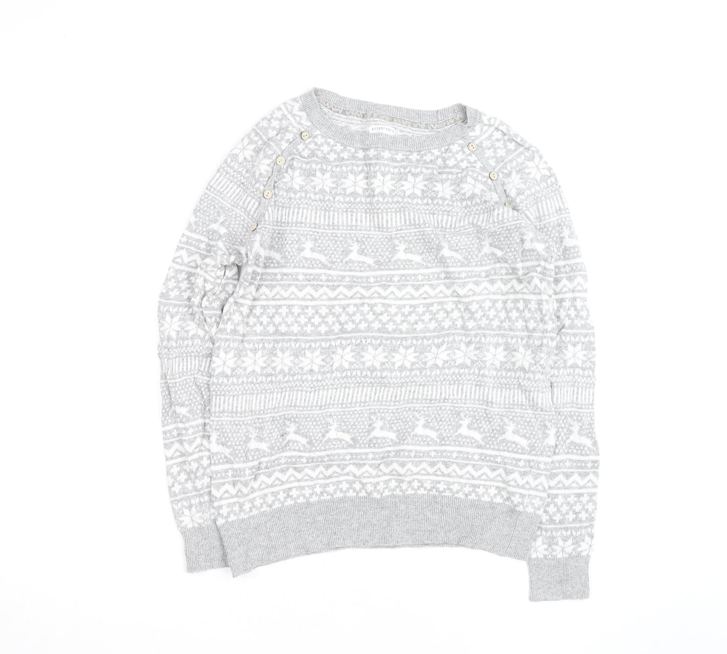 Mantaray Women's Grey Fair Isle Button Crew Neck Jumper Size 14