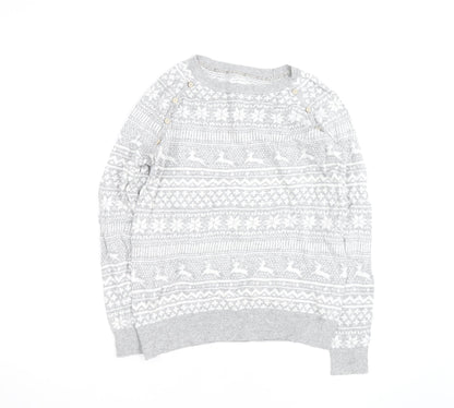 Mantaray Women's Grey Fair Isle Button Crew Neck Jumper Size 14
