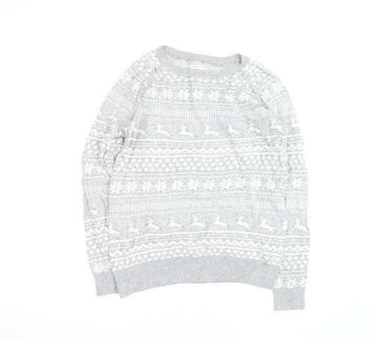 Mantaray Women's Grey Fair Isle Button Crew Neck Jumper Size 14