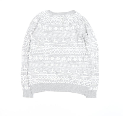 Mantaray Women's Grey Fair Isle Button Crew Neck Jumper Size 14