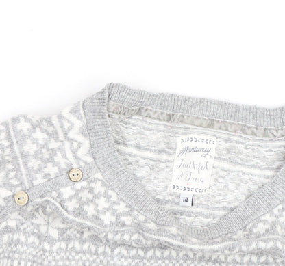 Mantaray Women's Grey Fair Isle Button Crew Neck Jumper Size 14