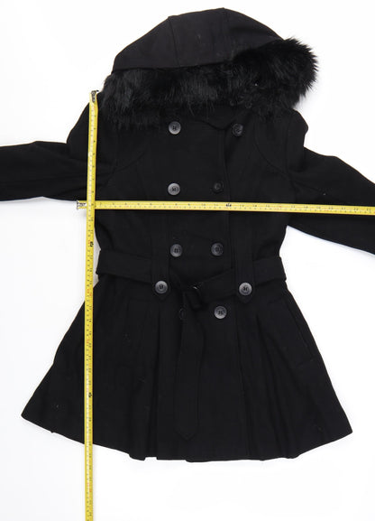 Warehouse Women's Black Wool Blend Belted Pea Coat UK 12