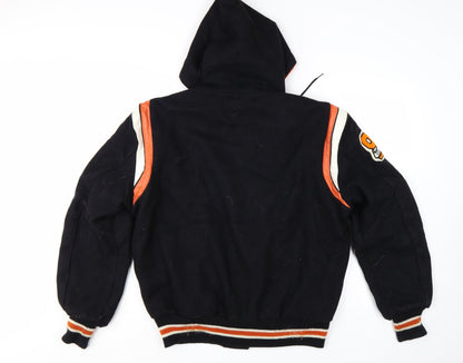 DeLong Women’s Black Varsity Jacket M Wool Leather Hooded Retro Style
