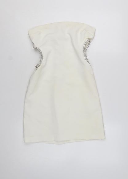 Zara Women Ivory Strapless Rhinestone Bodycon Short Dress Size 12