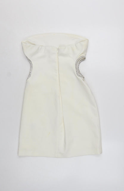 Zara Women Ivory Strapless Rhinestone Bodycon Short Dress Size 12