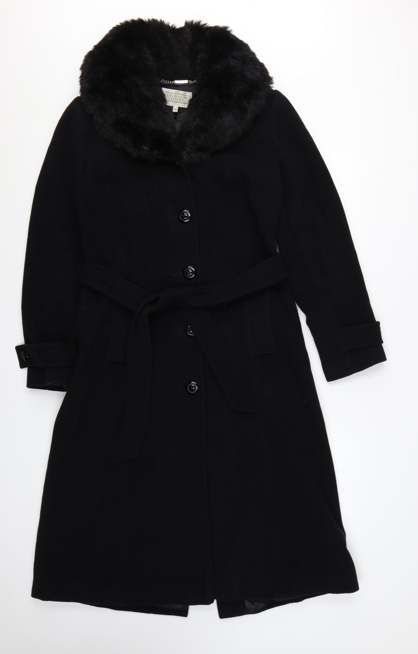 Debenhams Womens Black Wool Cashmere Long Belted Fur Collar Coat Size 10