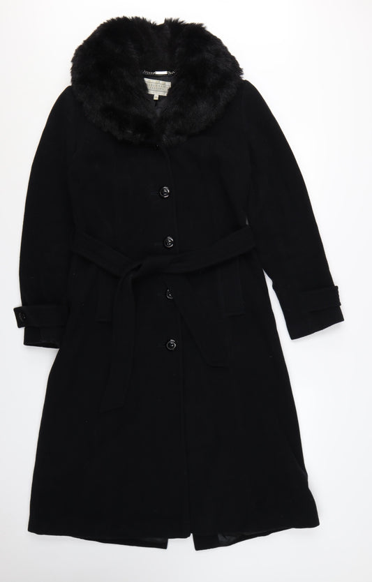 Debenhams Womens Black Wool Cashmere Long Belted Fur Collar Coat Size 10