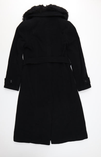 Debenhams Womens Black Wool Cashmere Long Belted Fur Collar Coat Size 10