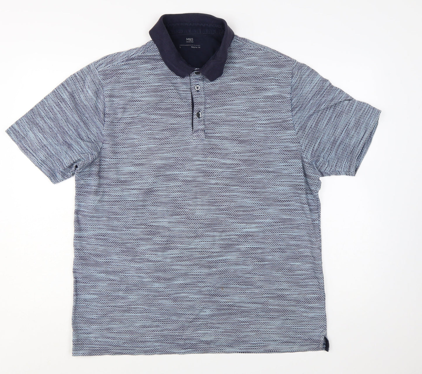 Marks and Spencer Men's Blue Geometric Cotton Blend Polo Shirt Size L