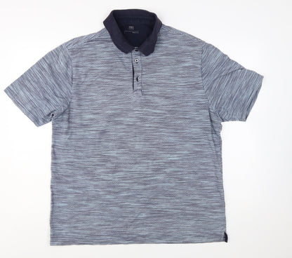 Marks and Spencer Men's Blue Geometric Cotton Blend Polo Shirt Size L