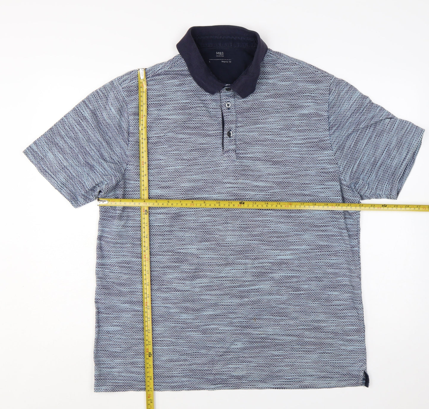 Marks and Spencer Men's Blue Geometric Cotton Blend Polo Shirt Size L