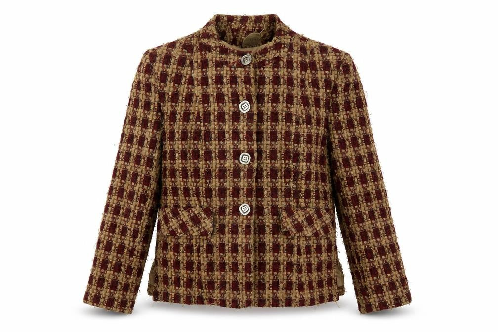 Classics Women's Beige Red Checked Wool Blend Tweed Suit Jacket Size 12