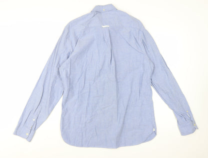 Jaeger Men Blue Cotton Button-Down Long Sleeve Casual Shirt L