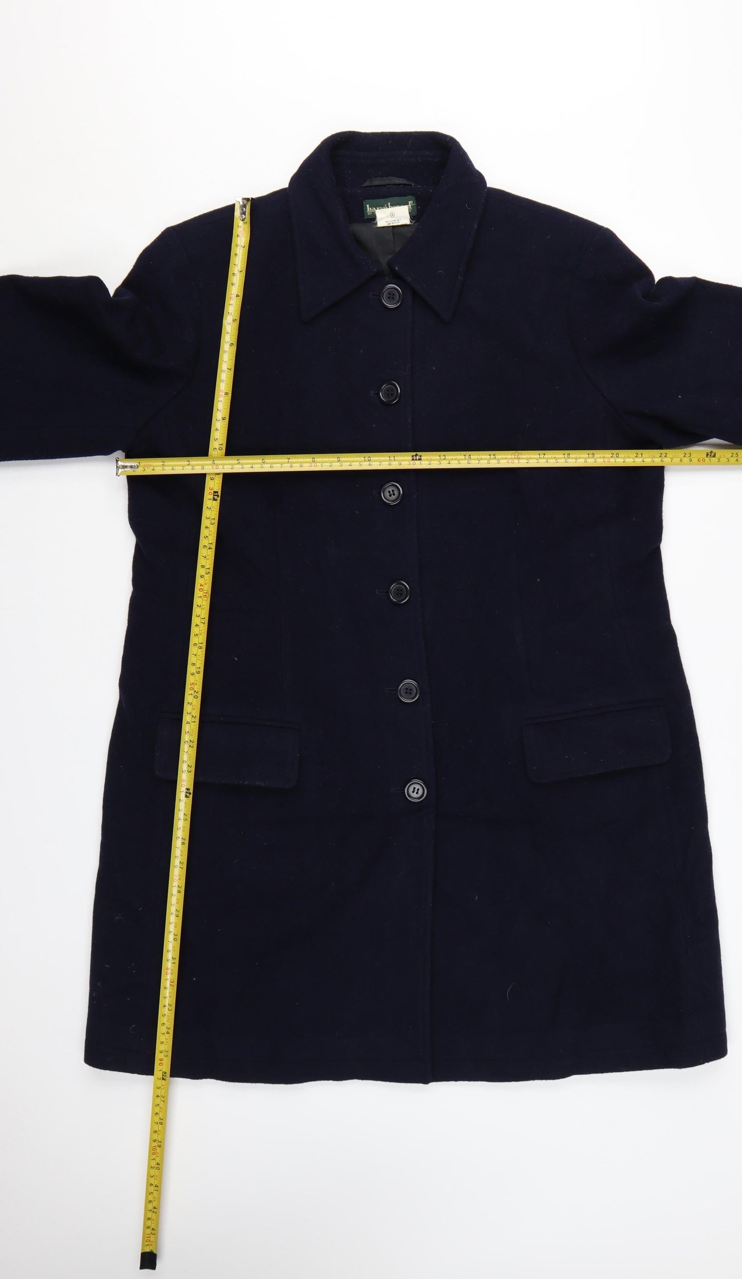 Harvé Benard Women's Navy Wool Button Coat Size 12 Classic Mid-Length