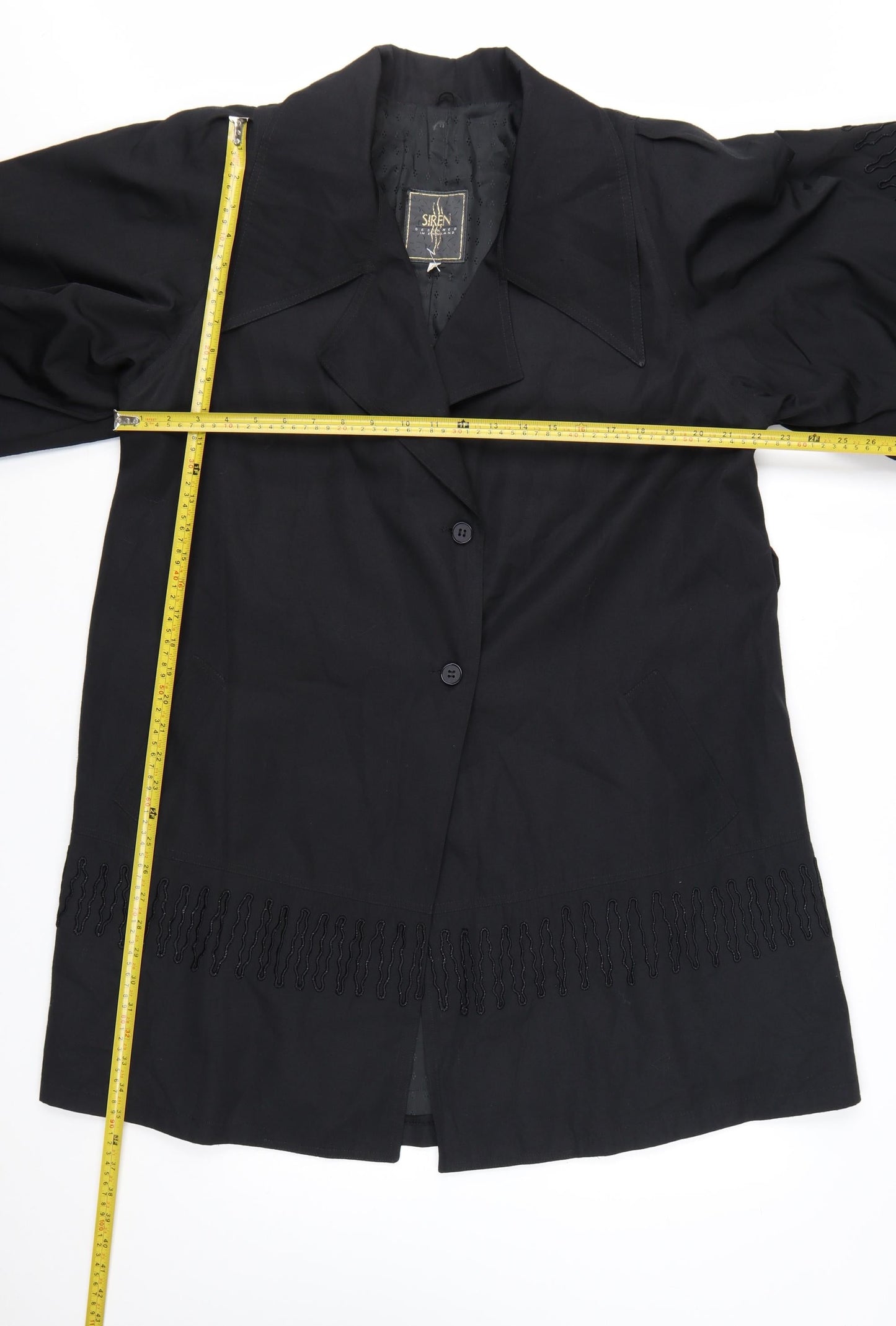 Siren Women’s Black Embroidered Mid-Length Overcoat Size S