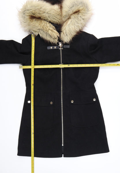 Miss Selfridge Women Black Faux Fur Hooded Mid-Length Coat UK 8