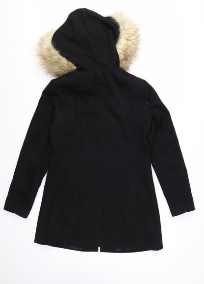 Miss Selfridge Women Black Faux Fur Hooded Mid-Length Coat UK 8