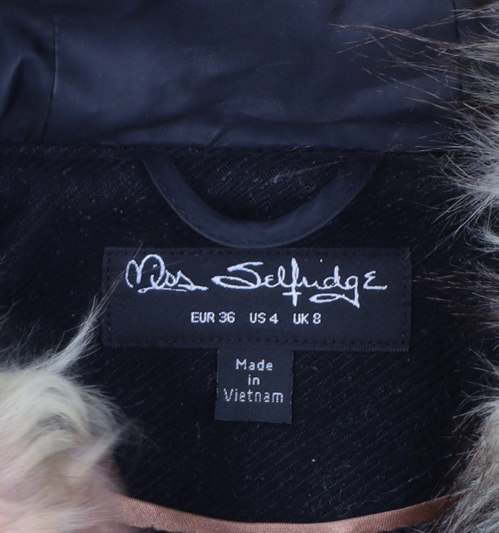 Miss Selfridge Women Black Faux Fur Hooded Mid-Length Coat UK 8