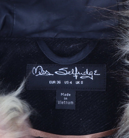 Miss Selfridge Women Black Faux Fur Hooded Mid-Length Coat UK 8