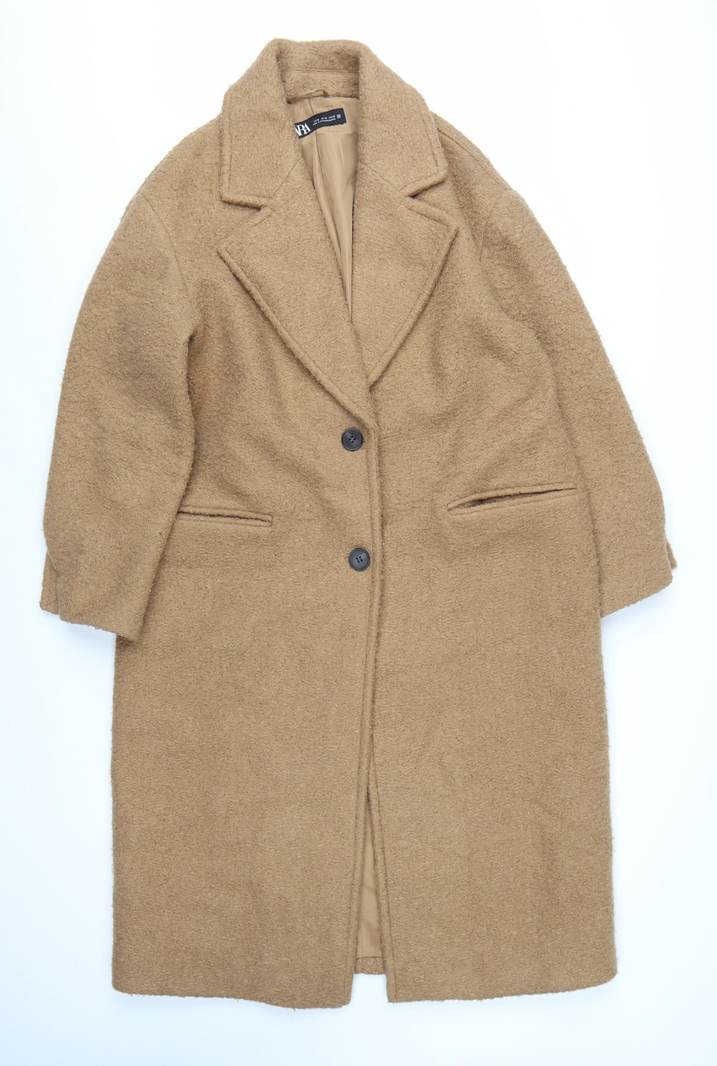 Zara Women Beige Long Wool Blend Single-Breasted Coat Size M