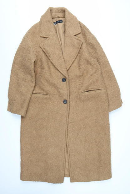 Zara Women Beige Long Wool Blend Single-Breasted Coat Size M