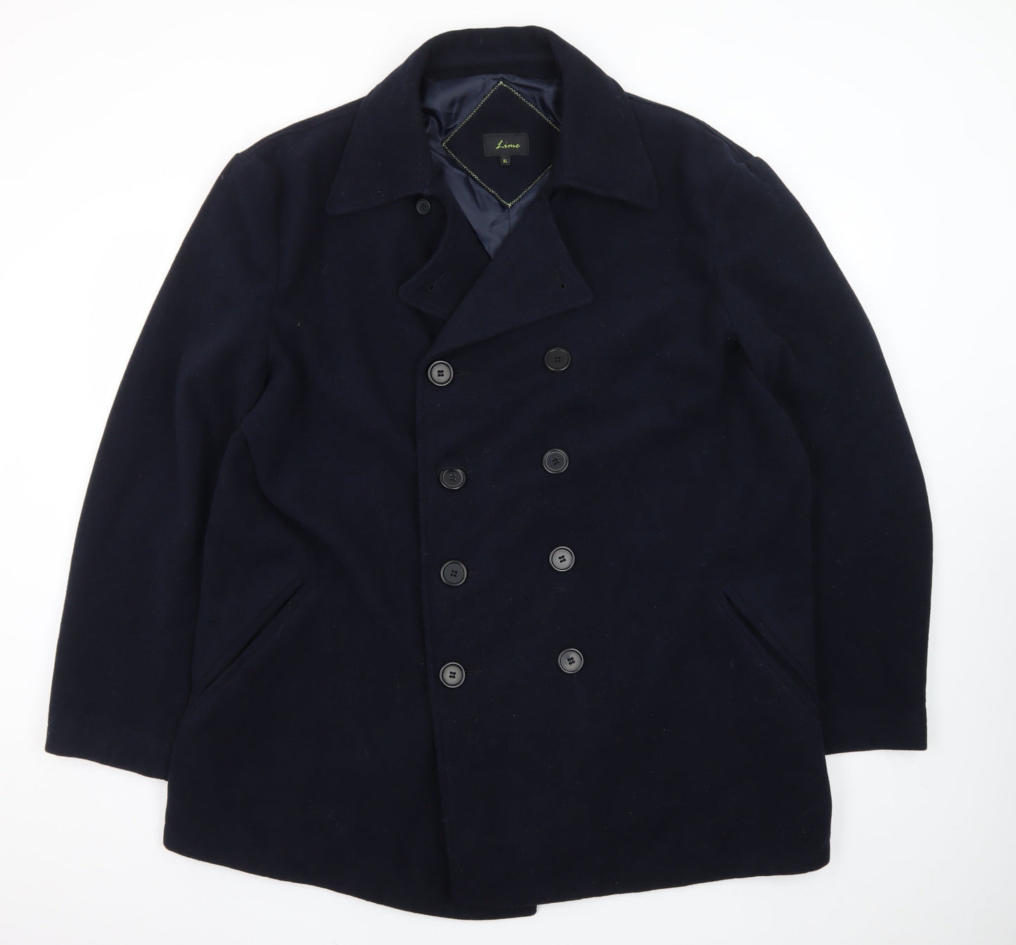 Lime Men's Blue Wool Blend Pea Coat XL Classic Winter Jacket
