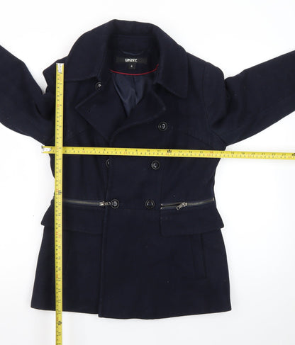 DKNY Women's Blue Wool Pea Coat Size 8 Classic Short Double-Breasted